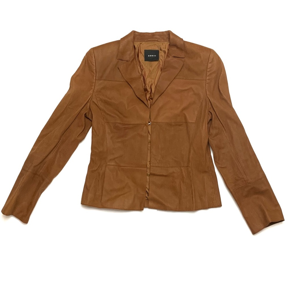 AKRIS Ribbed Brown 100% Lamb Leather Lammnappa Blazer Jacket Shoulder Pads Sz 8
